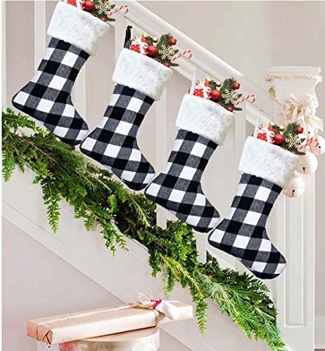 image for Createy Christmas Stockings, 6 Pack 18 Inch Black White Buffalo Plaid 