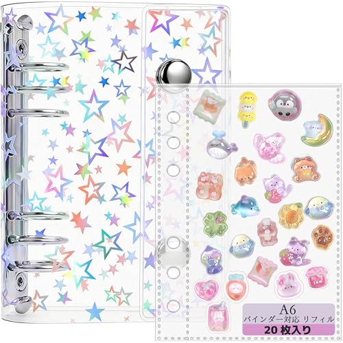 PAEUKUON 透明 シール帳 星柄【20枚リフィル付き】 ミニシール帳 ホログラム ミニ クリアバインダー A6かわいい シール収納 6穴 シールバインダー 女の子 推し活 文房具 メモ カード 写真整理 便利ファイル (星柄タイプA6)の画像