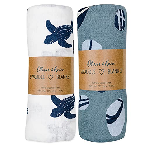 Image of Oliver & Rain Organic Muslin Baby Boy Swaddle Blankets 2 Pack Receiving Blanket Turtle & Sea Rock Prints