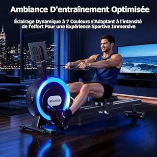 DMASUN Rameur Musculation D'appartement, 32 Niveaux de Résistance Magnétique Silencieuse avec 7 Couleurs D'éclairage, Rameur Pliable Compatible APP et à Double Rail, Capacité de 160 kg