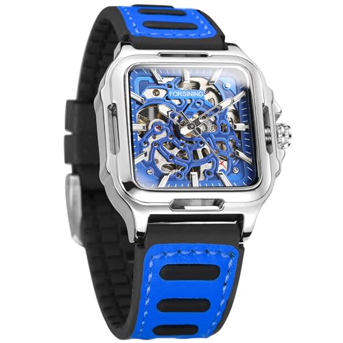 FORSINING Montre squelette étanche pour homme - Style steampunk - Automatique - Bracelet en silicone - Carré lumineux, 3 Bleu, Moderne