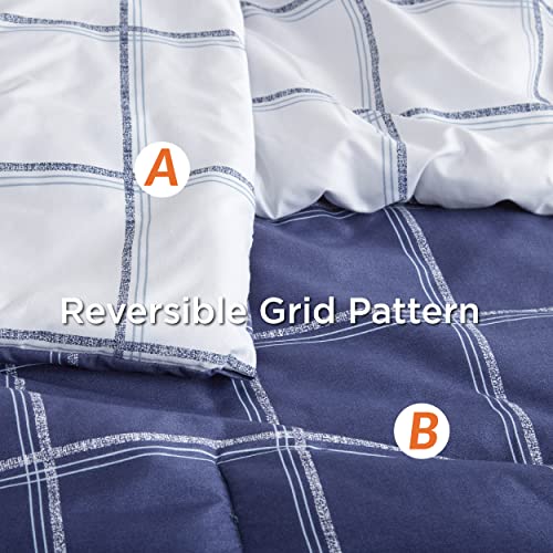 Bedsure Navy Grid Comforter Set Queen Size – White & Navy Reversible Plaid Bedding Comforter Set – Soft, Warm Lightweight Microfiber Comforter Set With 2 Pillow Shams (Queen/Full, 90"X90'', 3 Pieces) #TOP1