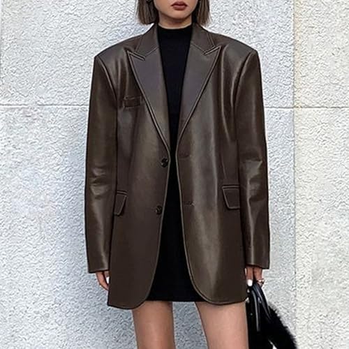 JEKE-DG Women's Blazer Collar Fuax Leather Coat Button Down Mid-Length Coat Jacket Fashion Outdoor Spring Fall Coats2