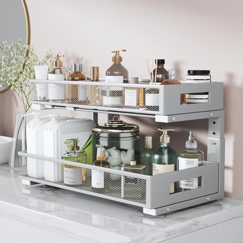 Image of 2 Packs 21IN Depth Under Sink Organizer, 2-Tier Pull Out Cabinet Organizer With Smooth Circular Rail, Large Capacity Metal Mesh Sliding Drawers For Bathroom& Kitchen Storage,Height Adjustable-Gun Gray