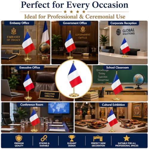 Image of The Flag Company Gold Acrylic Pole with Round Base | Desk Flag for Office, Reception & Home Decor (France)