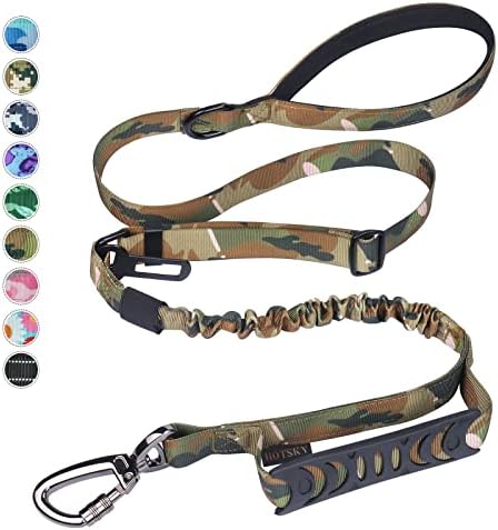 Heavy Duty Dog Leash, Camo Military Dog Leashes with Car Seat Belt for Large Dogs Up to 150lbs, 6Ft Shock Absorbing Retractable Strong Dog Leash, Double Handle Tactical Dog Leash for Dog Training