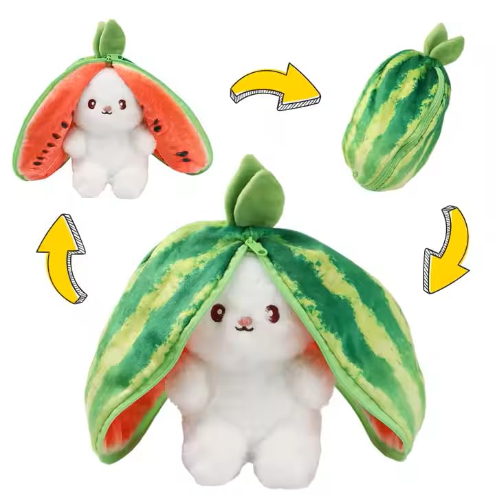 Image of Reversible Rabbit Soft Soft Toy for Baby Girl Watermelon Zipper Fruit Bunny plushie Teddy Bear Plush Ideal Gift Toddlers Cute Girls - 30 cm (Green)