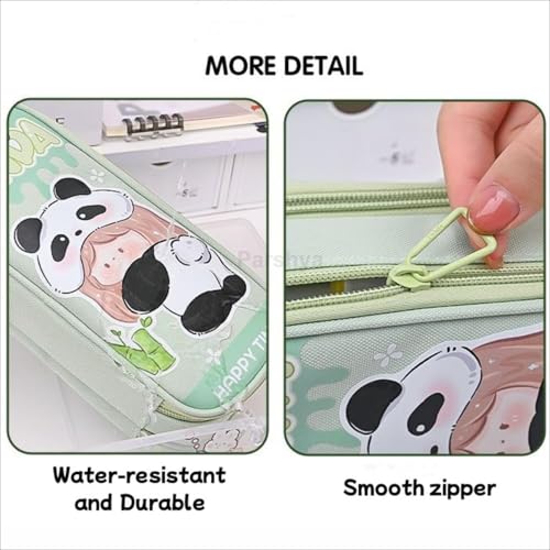 Image of Invite Two Layer Six Slot Premium Canvas Pencil Pouch for School Girls and Boys, Cute Aesthetic Stationery Items Kit Case, Large Capacity Stationary Pencil Box for Kids Gifts (Green Happy Time)