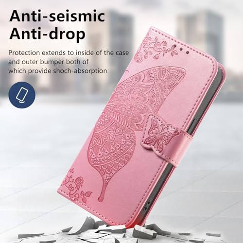 HAOTP for Samsung Galaxy S26 Ultra Wallet Case,Women Flip Folio Cover Credit Card Holders Emboss Butterfly Flower PU Leather Purse Wrist Strap Kickstand Phone Case for Samsung Galaxy S26 Ultra Pink by HAOTP - Used condition - Image 3