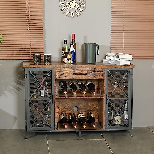 Wine Bar Cabinet With Wine Rack And Glass Holder, Farmhouse Coffee Bar Cabinet For Liquor And Glasses, Industrial Sideboard Buffet Cabinet With Drawer And Mesh Door #TOP4