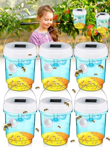 Qualirey Paquete de 6 trampas para avispas con energía solar y luz LED UV para colgar al aire libre, trampas reutilizables para avispas, para interiores y exteriores, patio, jardín, hogar (azul)