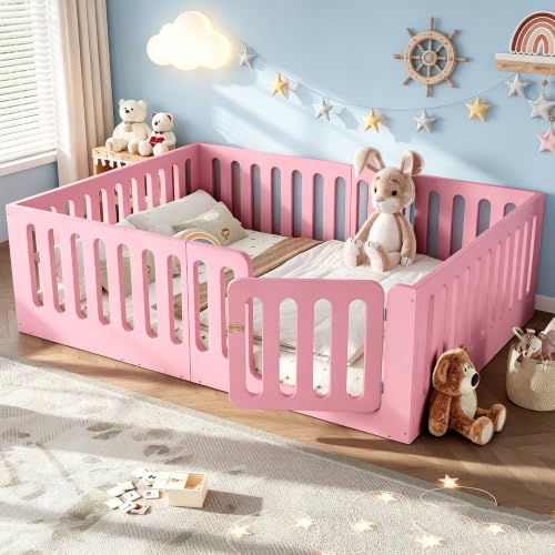 Image of Bellemave Queen Montessori Floor Bed Frame,Pink | Solid wood kids montessori floor bed with high safety fence & door, low to ground design for girls and boys
