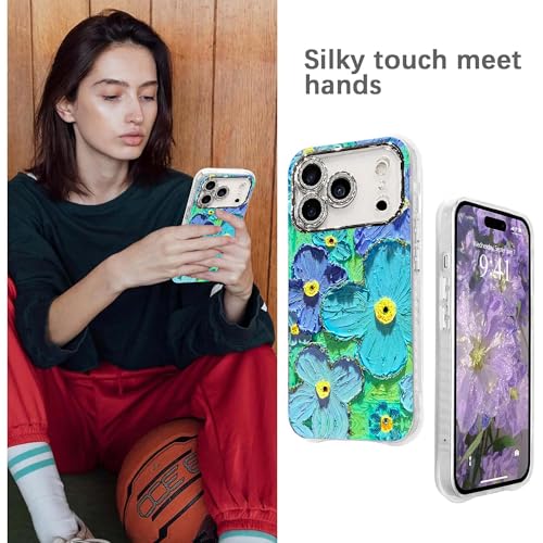 Image of Elzzi Compatible with iPhone 17 Pro Max Case Oil Painting Flower Colorful with Lens Prtotection Shockproof PC+TPU Glossy Back Cover for Girls Women, Green