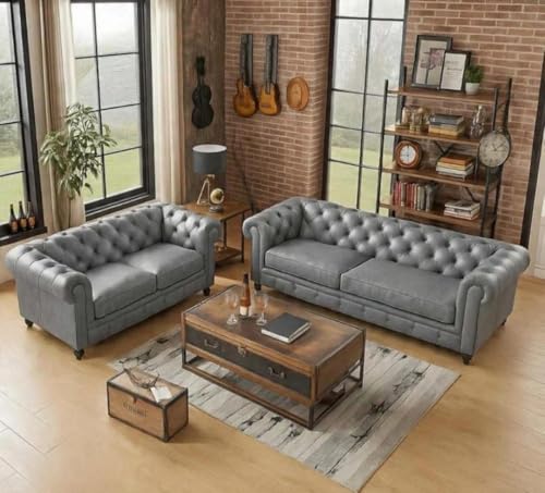 Image of UMAR ARTS Luxury Chesterfield Leatherate Sofa Set, Tufted Genuine Leatherate, Classic Living Room Furniture (3+2 Grey)