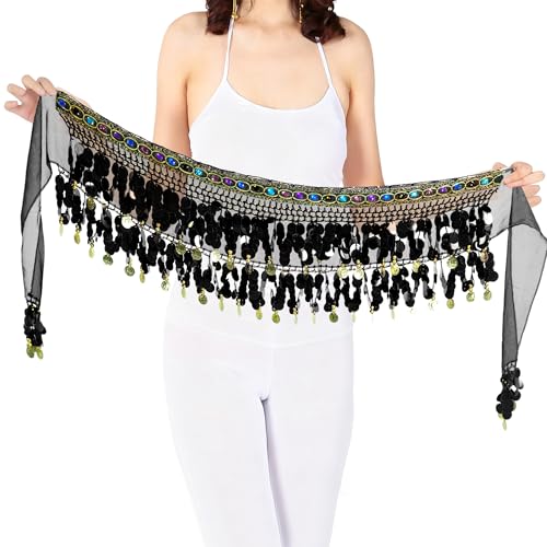 MUNAFIE Edelsteine Bauchtanz Hüfttuch Bauchtanz Kostüm Damen Bauchtanz Gürtel Tuch mit Münzen Schwarz