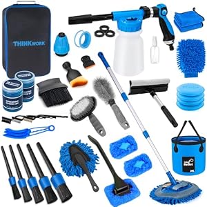 THINKWORK Car Wash Kit, Car Detailing Kit with Foam Gun, Car Wash Brush Mop and Large Folding Bucket Suitable for Car Cleaning, Blue Car Wash Set Gift for Men and Women