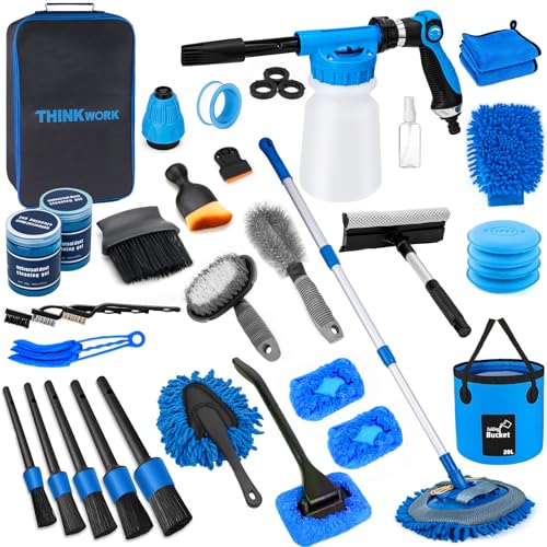 THINKWORK Car Wash Kit, Car Detailing Kit with Foam Gun, Car Wash Brush Mop and Large Folding Bucket Suitable for Car Cleaning, Blue Car Wash Set Gift for Men and Women