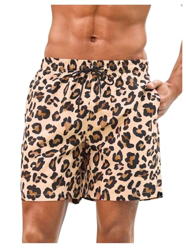 Verdusa Men's Leopard Print Swim Trunks Drawstring Waist Straight Leg Beach Shorts