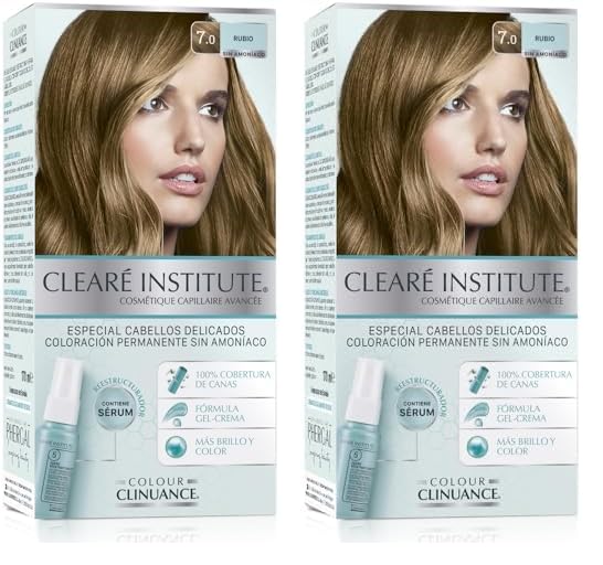 Clearé Institute Colour Clinuance | Coloración Permanente Sin Amoniaco para Cabellos Delicados | 100% Cobertura de Canas | Con Sérum Capilar | Apto Método Curly | 7.0 Rubio | 170ml (Paquete de 2)