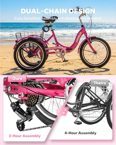 Image of VIRIBUS Folding Tricycle for Adults, 7 Speed 20 Inch Mini Foldable 3 Wheel Bikes for Women Seniors with Dual Chain & Low Step-Through Frame, Collapsible Trike with Cargo Basket, 330 lbs, Hot Pink