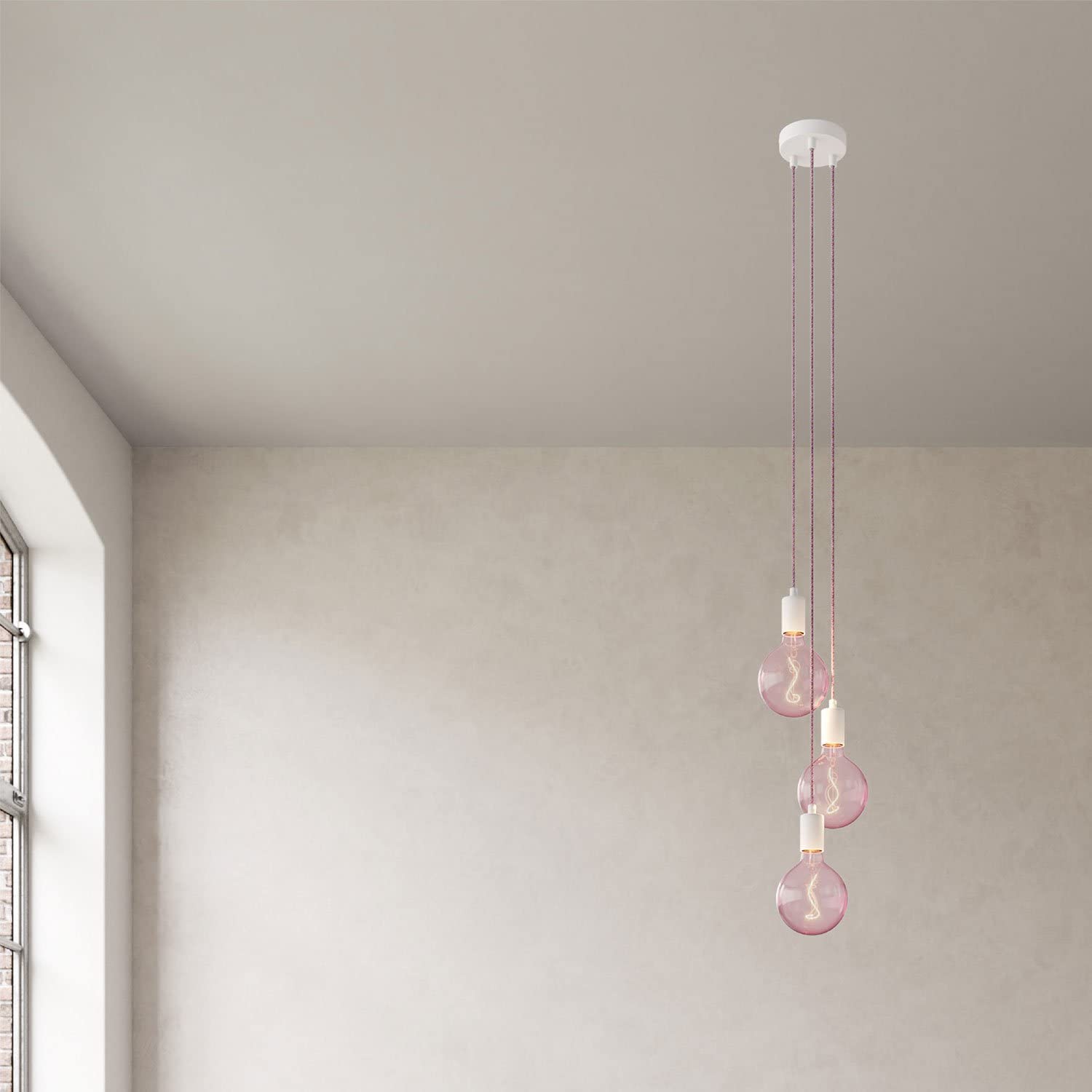 creative cables - Pendelleuchte mit Mehrfachaufhängung mit 3 Ausgängen, komplett mit Textilkabel und Metall-Zubehör - DIY-KIT, Ohne Glühbirne, Weiß
