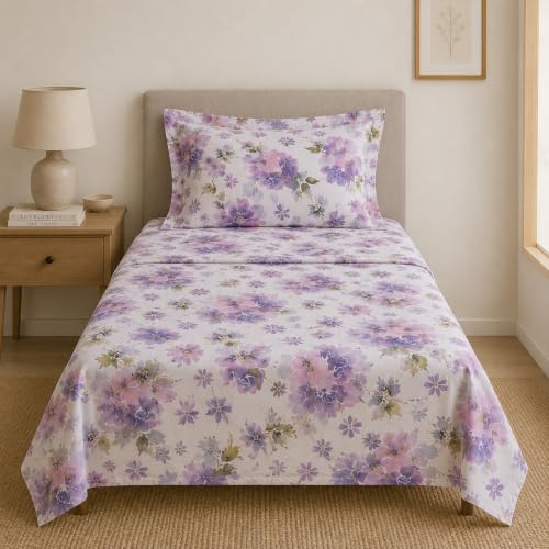 Image of Linen Home Cotton Percale Flat Bedsheet Set Single Size Floral Purple