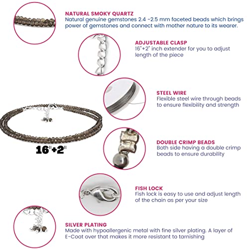Gempires Natural Smoky Quartz Beads Necklace, Energy Healing Crystals, Silver Plated Chain, Birthday, Gift For Her, Gemstone Jewelry 18 Inch Aa+ Quality (Smoky Quartz) #TOP6