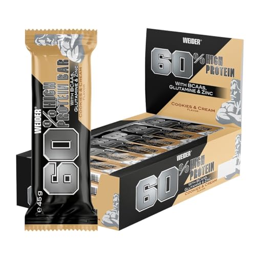 Weider 60% Proteinriegel - Hochproteinhaltiger Riegel mit 27g Protein, wenig Zucker, BCAAs & Zink - Ideal für Muskelwachstum - 24er Pack - Cookies & Cream