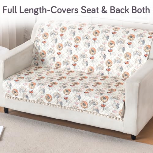 Image of HOKIPO Wildflower Breeze Quilted Sofa Cover with Tassels 2 Seater for Seat & Back, (152x120 cm), 'Tassel Twigs' Series (IN-990-T7)