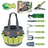Hortem Garden Tools Set, Durable Hand Gardening Tools Include Trowel, Cultivator, Rake, Weeder, Pruner, Garden Tote Bag and Garden Glove, Ideal Gardening Gifts for Women Men