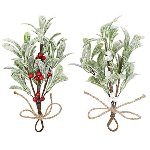 HERZONE 2stk Künstliche Mistelzweige Zum Aufhängen Weihnachts-Misteldekoration mit Roten/weißen Beeren, Künstliche Mistelblumenstiele, Hängende Mistelverzierung (weiß grün 2pcs)