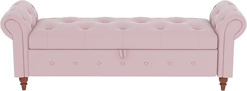 Miniatura 82 de Polibi Banco de almacenamiento para dormitorio, otomana tapizada de terciopelo con diseño de botones armados enrollados, banco largo para ventana de