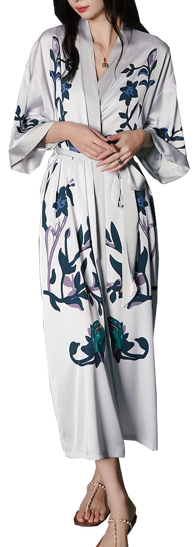 MEDUOLA Albornoces de Verano para Mujer Bata Kimono de Satén Pijama Seda Estampado con Talla Única Camisón Largo Sexy y Elegante