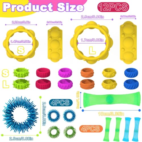 20 Stück Fidget Toys Set, 12 Anti Stress Ring 4 Akupressur Ring 4 Gewebter Netzschlauch, Skills Set, Sensorik Spielzeug, Anti Stress Spielzeug, für Anxiety ADHD Stresslinderung