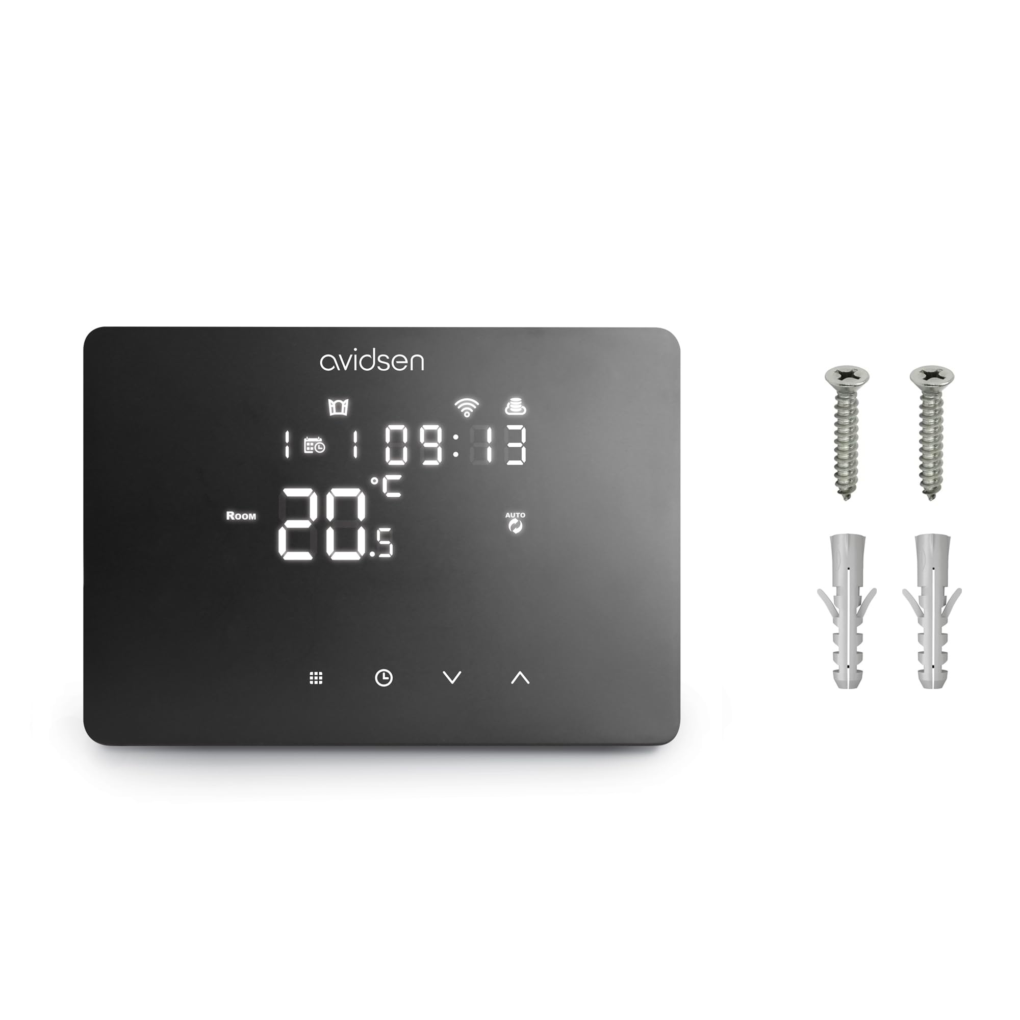 Avidsen WLAN‑Raumthermostat Schwarz für Heizkessel, App‑Steuerung | Schwarz | 230 V | potentialfreier Kontakt | 2,4 GHz WLAN | Wochenprogramm | 0,5 °C | Frostschutz | Touchdisplay