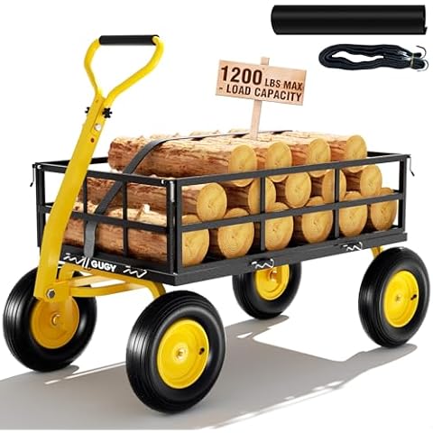 GUGY Steel Garden Cart - Heavy Duty 1200 Lbs Capacity, Convert into Flatbed 10 in Tires Folding Utility Yard Wagon Cart w/Removable Sides, 180° Rotating Handle for Yard, Farm, Garden Planting Cover