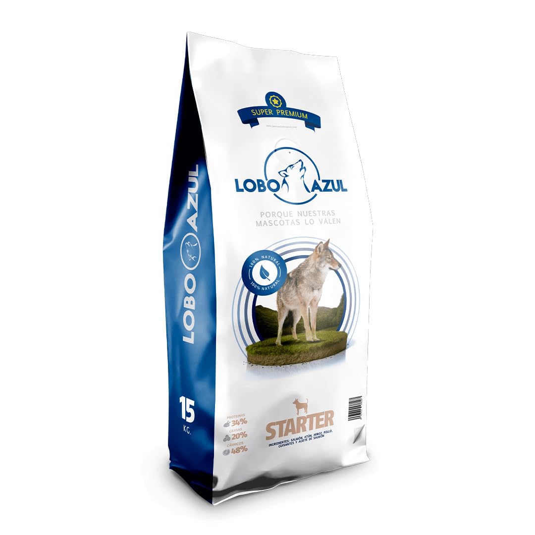 Starter Pienso para Cachorros y Madres en Gestación o Lactancia - Fórmula Hipoalergénica sin Cereales - Alto Contenido en Proteínas - Primeros Meses de Vida - Lobo Azul Super Premium - 15kg