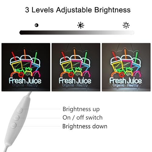 Image of Fresh Juice Neon Sign, Neon Lights Hanging Wall Art Decoration for Juice Bar Shop Food Truck Market Bakeries Cafe Celebration Home Decor, USB Powered Ultra Bright Dimmable, 15.35x12.6inches