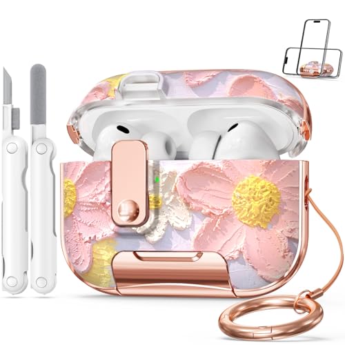 Image of for Apple AirPod Pro 3 Case 2025 with Lock,Clear TPU Floral AirPod Pro 3 Generation Case Cover for Women Girly, iPod Pro 3 Cases with Keychain & Cleaner Kit- Pink Oil Painting Flower