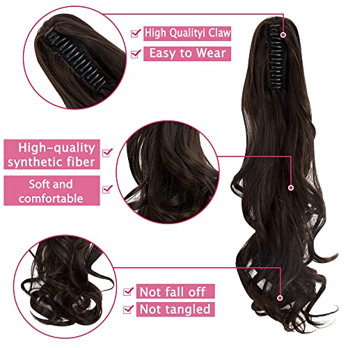 FUT Womens Claw Ponytail Clip in Hair Extensions 18" Long Curly Hairpiece Medium Brown - Thumbnail 5