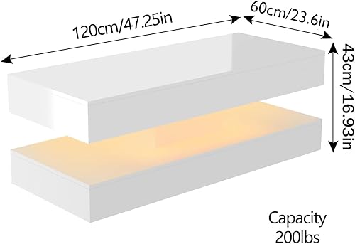 Miniatura 8 de Uspeedy Mesa auxiliar grande de 47.3 pulgadas con LED de alto brillo con 2 cajones de almacenamiento, mesas de centro modernas en negro y blanco