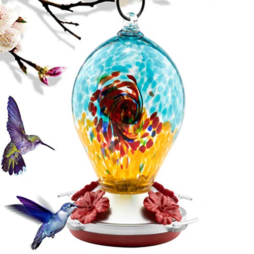 REZIPO Hummingbird Feeder with Perch - Hand Blown Glass - Orange - 21 Fluid Ounces Hummingbird Nectar Capacity Include Hanging Wires and Moat Hook (Blue)