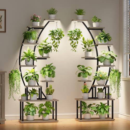 Image of BACEKOLL Plant Stand Indoor with Grow Lights, 9 Tiered Metal Plant Shelf, 64 inch Tall Plant Stand for Indoor Plants Multiple, Large Plant Rack Display Shelf, Curved Plant Holder for Living Room, Grey