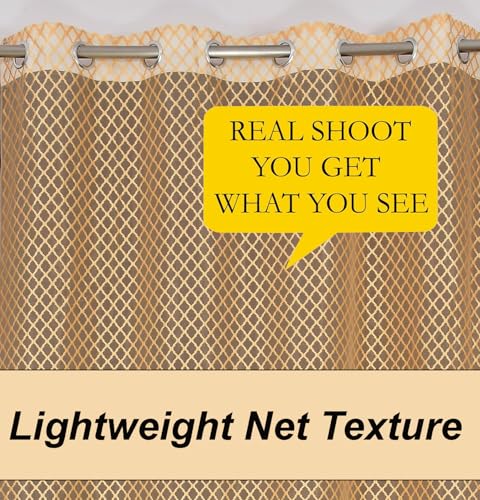 Image of IVAZA Heavy Premium Polyester Beautiful Moroccan Trellis Design Transparent Net Curtains | Modern Parde for Living Room Bedroom | Home Office Screens Door- 7 Feet (Pack of 1) Gold