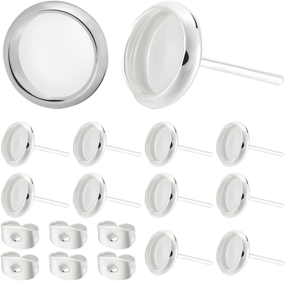 Beebeecraft 1 Box 60Pcs Cabochon Stud Earring Blanks 18K Gold & 925 Sterling Silver Plated Flat Round Earring Tray Findings for Jewelry Making DIY Crafts