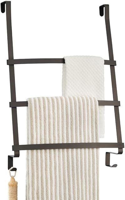 mDesign Over the Door Towel Ladder - Towel Rail with 3 Rungs and 2 Hooks for Bath Towels, Hand Towels or Clothing - Over the Door Towel Rack - Bronze