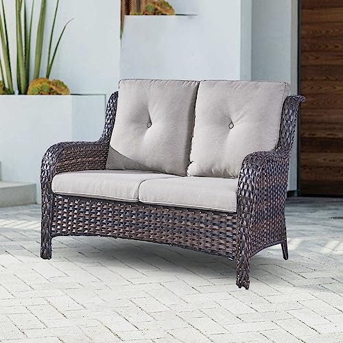Patio Loveseat Wicker Outdoor Couch - 2-Seater Rattan Patio Sofa with Deep Seating and Comfortable Cushions for Outside Porch Deck Poolside Balcony(Brown Wicker/Grey Cushion)