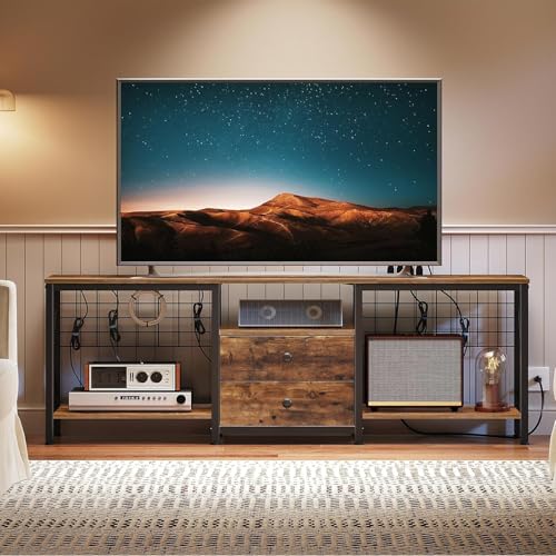 Image of TV Stand with Power Outlet Up to 70 Inch, Entertainment Center with 2 Fabric Drawers, TV Console Table with Open Storage Shelves for TVs, Cable Management, for Living Room, Bedroom, DS16UBRY1