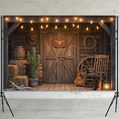 Western Cowboy Backdrop 7x5ft Polyester Fabric Wild West Theme Photography Background Vintage Barn Wood Design for Rodeo Party Decorations Rustic Ranch Photo Booth Banner for Events