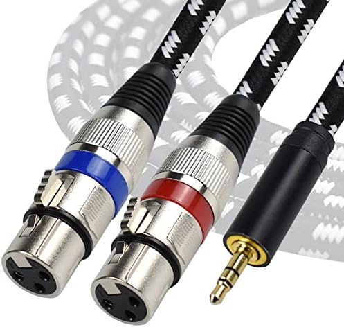 Mugteeve Dual XLR Female to 3.5mm 1/8 Stereo Mic Cable, 2 XLR Y Splitter Cord to 1/8 Inch Mini Headphone Jack TRS Adapter,OFC Shield, for Mixer and PC Connection, Livestream, Broadcast-10Feet